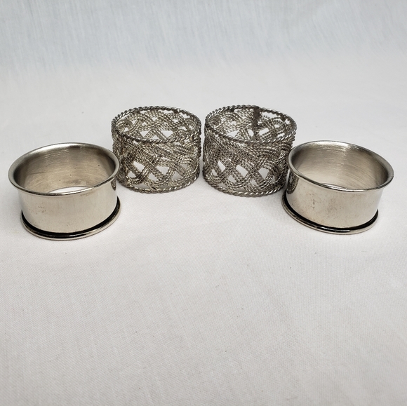 Four Silver Napkin Rings Mixed Silver Plate and Silver Metal Weave - Picture 2 of 3